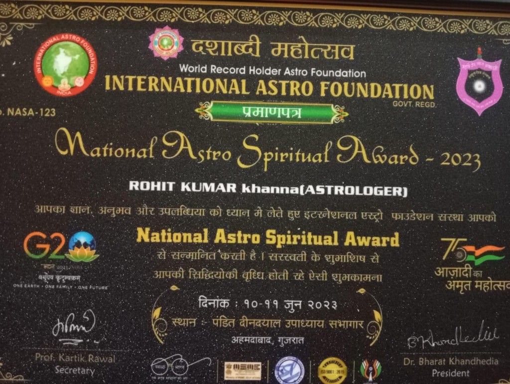National Astro Spiritual Award 2023 certificate from International Astro Foundation awarded to Rohit Kumar Khanna, Astrologer