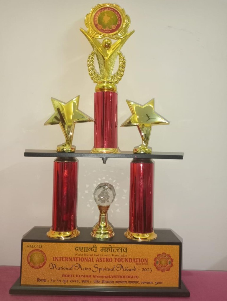 National Astro Spiritual Award 2023 trophy from International Astro Foundation for Rohit Kumar Khanna
